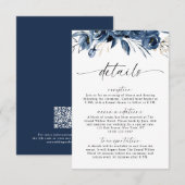 Navyblaue Blumen Hochzeit Kalligrafie QR Code Begleitkarte (Vorne/Hinten)