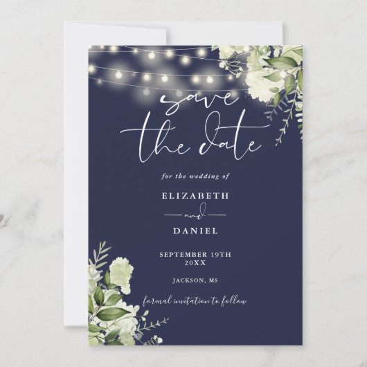 Navyblaue Blumen-Lichterkette QR-Code Hochzeit Save The Date (Vorderseite)