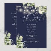 Navyblaue Blumen-Lichterkette QR-Code Hochzeit Save The Date (Vorne/Hinten)