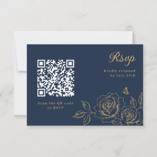 Navyblaue Blumen-Quinceañera-RSVP-QR-Code RSVP Karte