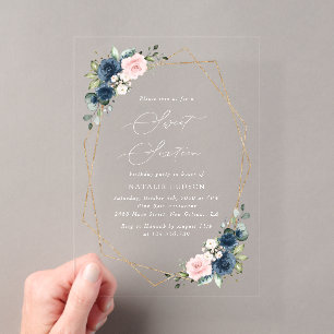 Navyblaue Blumen, rosa Blumen, Boho, Sweet 16 Acryleinladungen