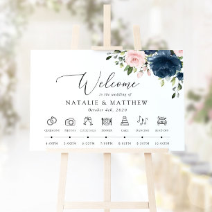 Navyblaue Blumen, rosa Blumen, Hochzeits-Zeitplan Poster
