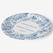 Navyblaue Blumen-Rosen-Hochzeitspapierteller Pappteller (Schrägansicht)