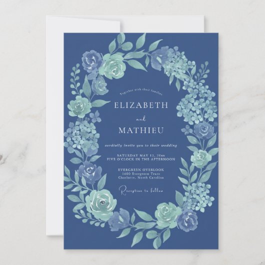 Navyblaue Blumenlorbeer-Hochzeit Einladung (Vorderseite)