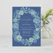 Navyblaue Blumenlorbeer-Hochzeit Einladung (Stehend Vorderseite)