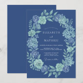 Navyblaue Blumenlorbeer-Hochzeit Einladung (Vorne/Hinten)