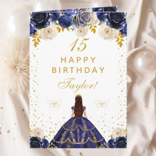 Navyblaue Blumenprinzessin Alles Gute zum Geburtst Karte
