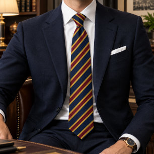 Navyblaue Burgunderrote Goldene Preppy-Streifen Krawatte