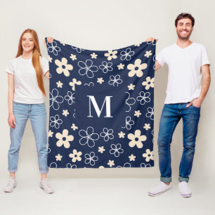 Navyblaue Creme-Blumenmuster Retro Fleecedecke