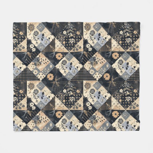 Navyblaue Creme-Quilt-Patchwork-Gingham-Patchwork Fleecedecke (Vorderseite (Horizontal))