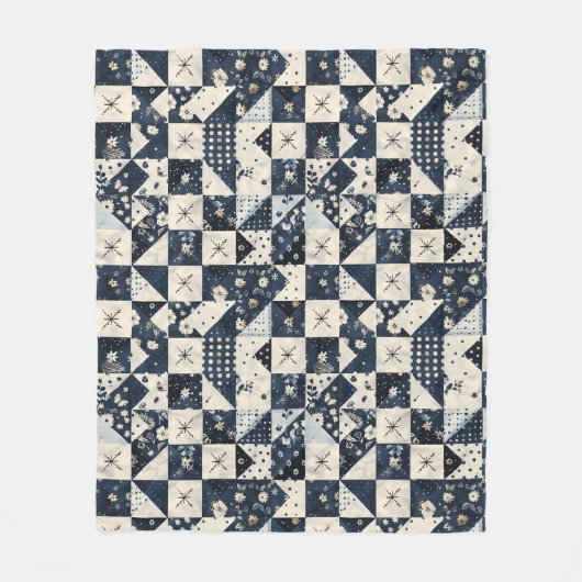 Navyblaue Creme-Quilt-Patchwork-Gingham-Patchwork Fleecedecke (Vorderseite)