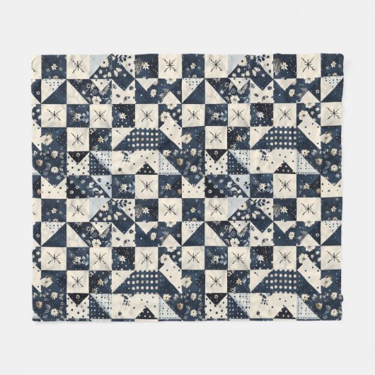 Navyblaue Creme-Quilt-Patchwork-Gingham-Patchwork Fleecedecke (Vorderseite (Horizontal))