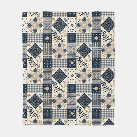 Navyblaue Creme-Quilt-Patchwork-Gingham-Patchwork Fleecedecke (Vorderseite)