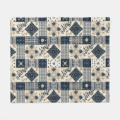 Navyblaue Creme-Quilt-Patchwork-Gingham-Patchwork Fleecedecke (Vorderseite (Horizontal))