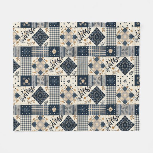 Navyblaue Creme-Quilt-Patchwork-Gingham-Patchwork Fleecedecke (Vorderseite (Horizontal))
