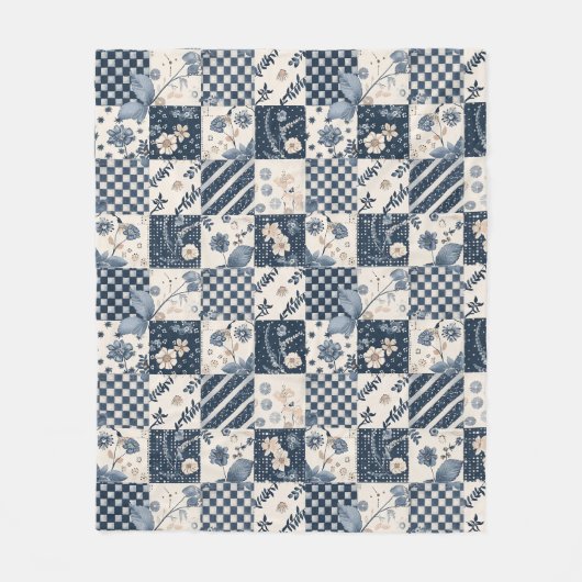 Navyblaue Creme-Quilt-Patchwork-Gingham-Patchwork Fleecedecke (Vorderseite)