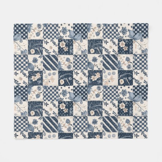 Navyblaue Creme-Quilt-Patchwork-Gingham-Patchwork Fleecedecke (Vorderseite (Horizontal))