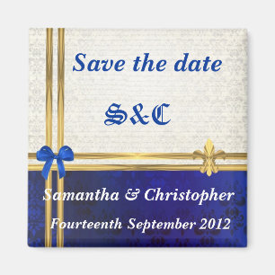 Navyblaue Damast- und goldene Band-Save-the-Date-K Magnet