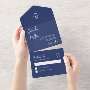 Navyblaue einfache moderne rustikale Hochzeit All In One Einladung