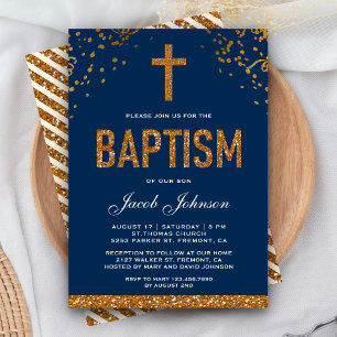 Navyblaue falsche Gold-Glitter-Kreuz-Royal-Taufe Einladung