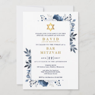 Navyblaue florale botanische Bar Mizwa Bat Mitzwa Einladung