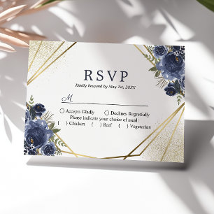 Navyblaue Florale Goldene Geometrische Hochzeit RSVP Karte