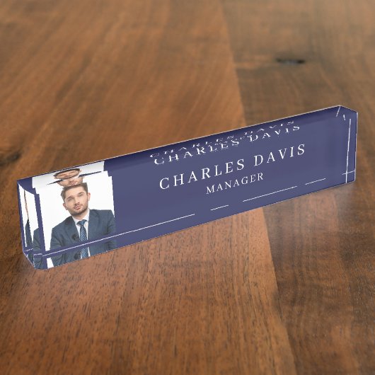 Navyblaue Foto Büro Namensplakette (Seite)