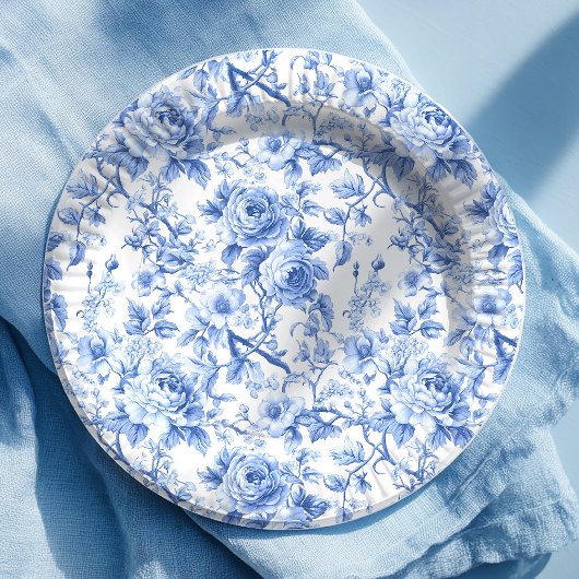 Navyblaue französische Toile-Rosen-Blumen-Papierte Pappteller