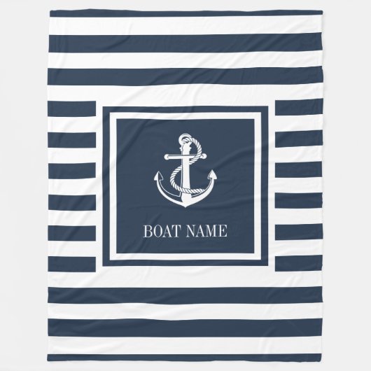Navyblaue gestreifte nautische Anker Bootname Fleecedecke (Vorderseite)