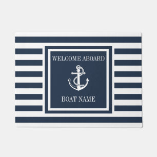 Navyblaue gestreifte nautische Anker Bootname Fußmatte