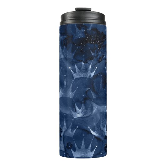 Navyblaue Glitzer-Meerjungfrau-Kronen-Muster Thermosbecher (Vorderseite)
