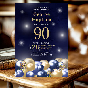 Navyblaue Goldene Ballons 90. Foto Geburtstagsfeie Einladung