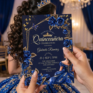 Navyblaue goldene Rosen Schmetterlinge Quinceañera Einladung