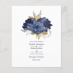 Navyblaue, goldene und silberne Blumenhochzeit Flyer