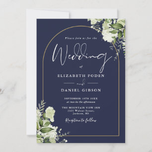 Navyblaue Grünpflanzen-Goldbogen-QR-Code-Hochzeit Einladung