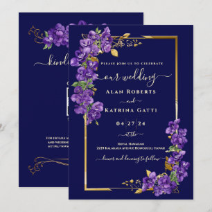Navyblaue Hochzeit Lila Veilchen Goldrahmen RSVP Einladung
