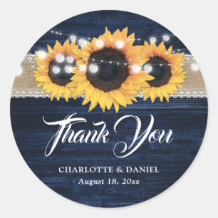 Navyblaue Holz-Jute-Spitzen-Sonnenblumen-Hochzeit Runder Aufkleber
