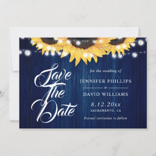 Navyblaue Holz-Lichterkette Sonnenblumen Hochzeit Save The Date