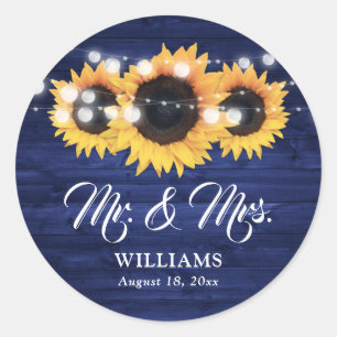 Navyblaue Holz-Mr-und-Mrs-Sonnenblumen-Hochzeit Runder Aufkleber