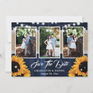 Navyblaue Holz-Sonnenblumen-Rustikale Hochzeit 3 F Save The Date