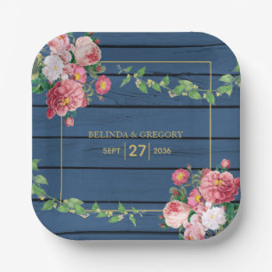 Navyblaue Holz Vintage Rosa Rosen & Goldene Hochze Pappteller