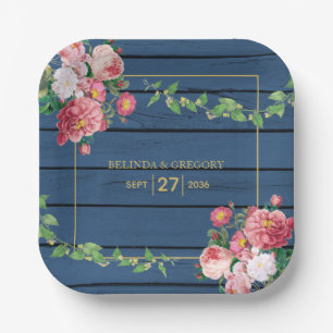 Navyblaue Holz-Vintage-Rosen und Goldene Hochzeit Pappteller
