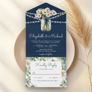 Navyblaue Holzdaisies Florale Mason-Glas Hochzeit All In One Einladung