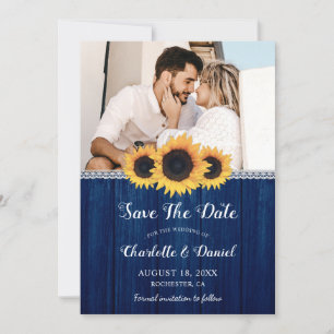Navyblaue Holzspitze Sonnenblume Foto Hochzeit Save The Date