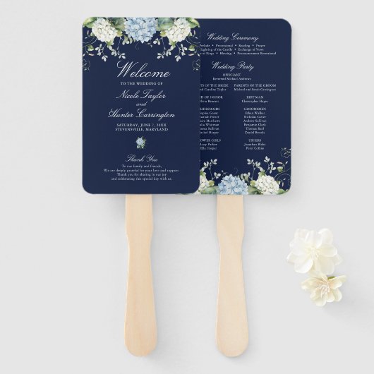 Navyblaue Hortensien-Hochzeitsprogramm Fächer (Vorne und Hinten)