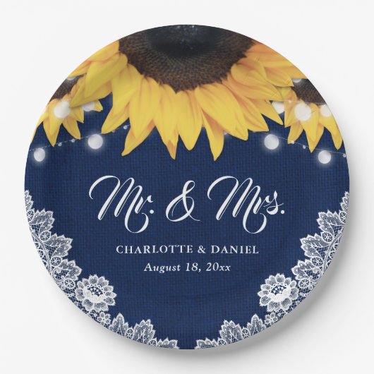 Navyblaue Jute-Blumen-Spitze-Sonnenblumen-Hochzeit Pappteller (Vorderseite)