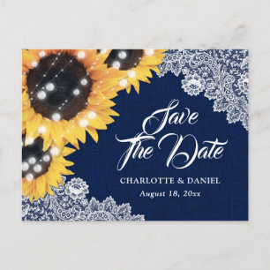 Navyblaue Jute-Spitze-Sonnenblumen-Hochzeit Ankündigungspostkarte