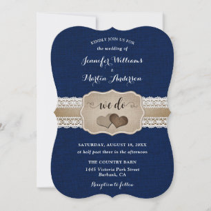 Navyblaue Jute und Spitze Hochzeit Einladung
