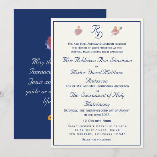 Navyblaue katholische Hochzeit mit zwei Herzen Einladung