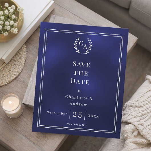 Navyblaue Monogramm-Hochzeit-Save-the-Date-Karte